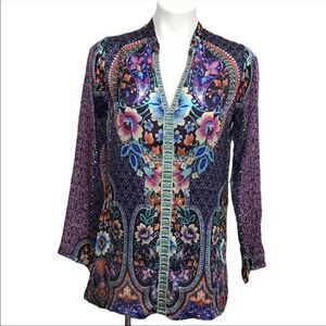 Johnny Was Purple Houstein Tunic Top Embroidered Silk Satin Size XS